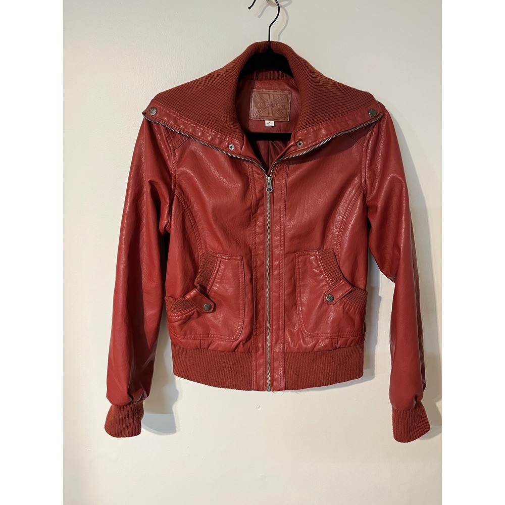 Miss London Red Faux Leather Bomber Jacket Ribbed Knit Shawl Collar Large